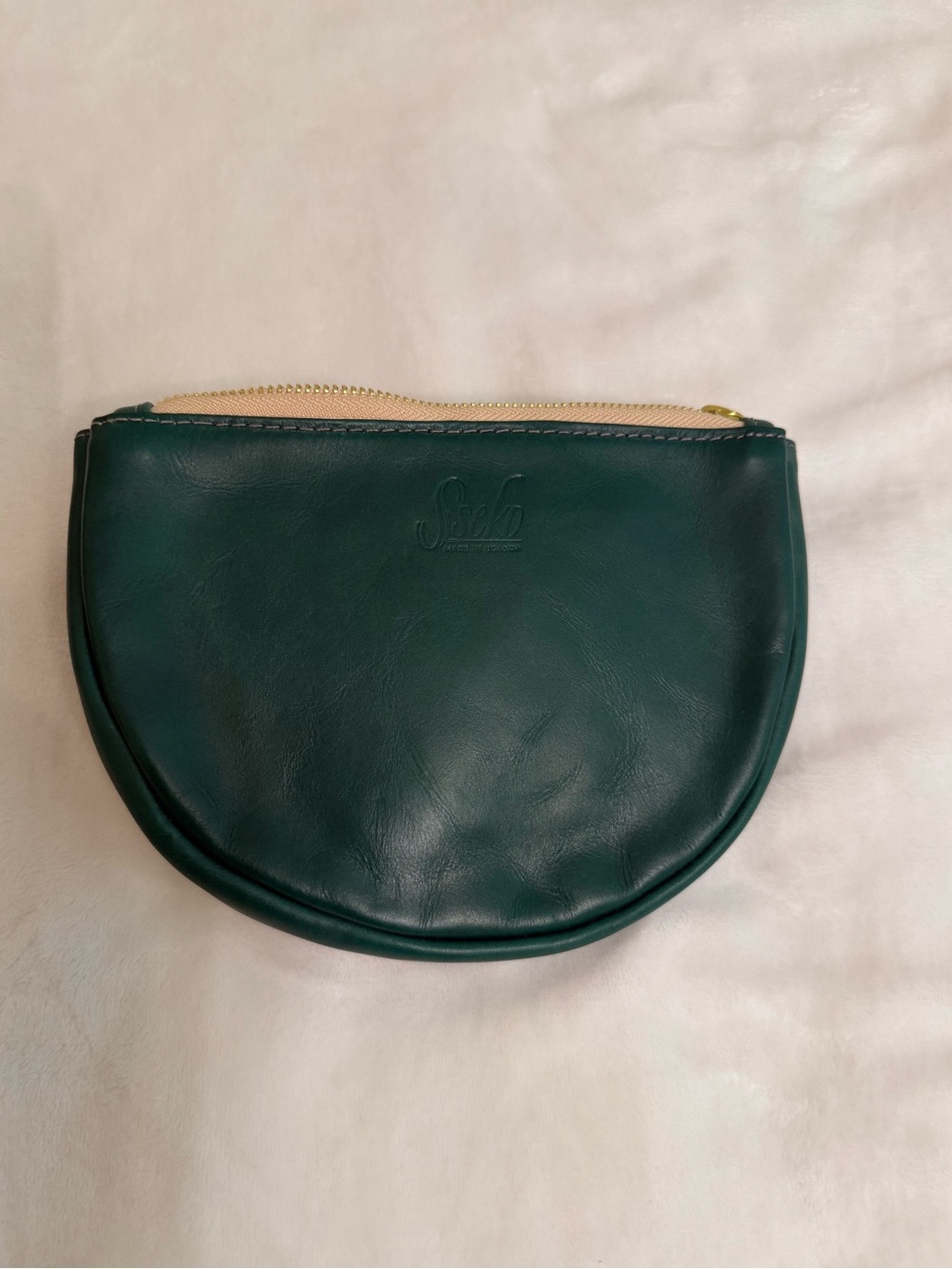 Sseko Forest Green Half-Moon Leather Cosmetic Pouch with Beige Trim